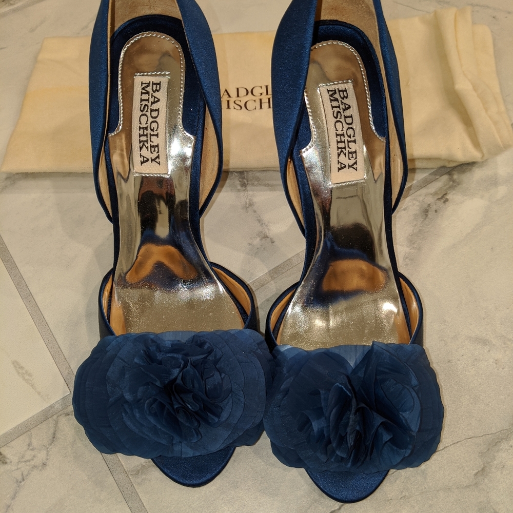 Badgley Mishka Navy Satin Peep Toe